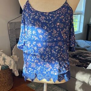 Floral Blue Women's Top Cold Shoulder